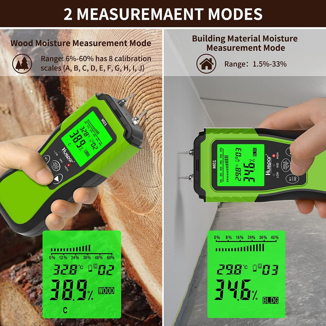 Huepar Digitales Holzfeuchtemessgrät, Pin–Type Wasserdetektur mit 2 Messmodi –8 Type von Messe der H