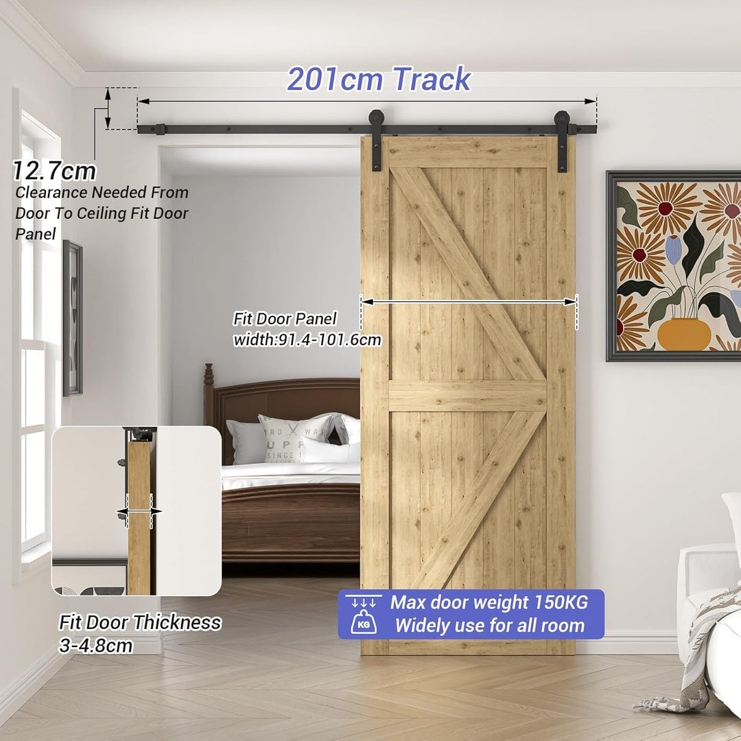 TSMST 6.7FT/202cm Schiebetürsystem Komplett-Set für Schiebetüren,Schwarz Schienen-Kit Passend für ei