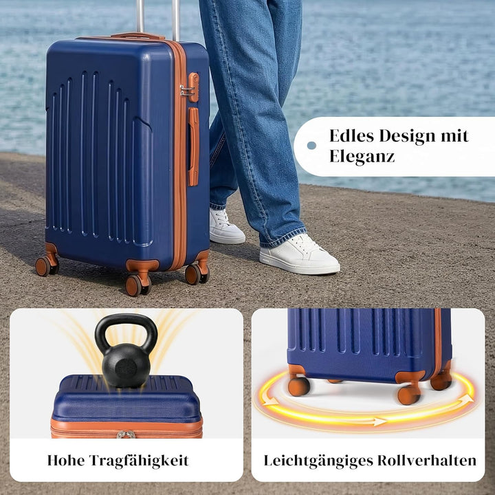 LALAHO Zwillingsrollen Reisekoffer Koffer Trolleys Hartschale M-L-XL-Set (Navy-Braun, L, 65CM) Navy-
