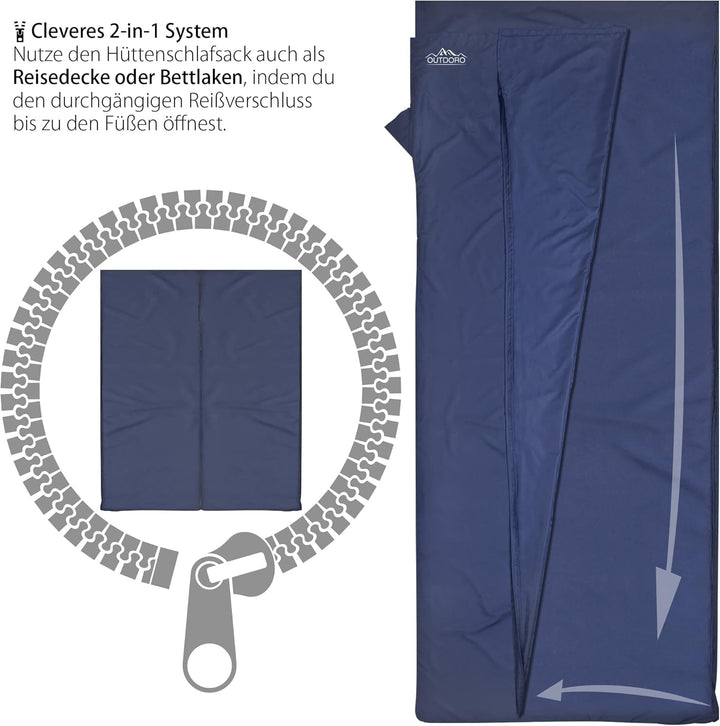 Outdoro Hüttenschlafsack, Ultra-Leichter Reise-Schlafsack - nur 350 g aus Reiner Baumwolle mit Kisse