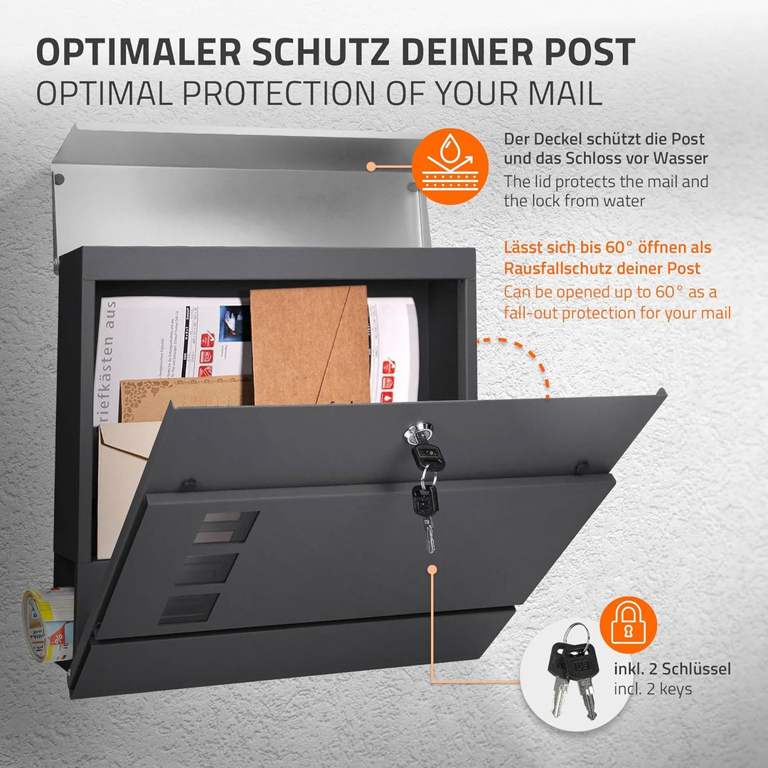 ECD Germany Standbriefkasten mit Zeitungsfach, Design Briefkasten mit Pfosten, Standfuss freistehend