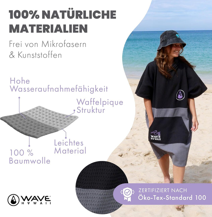 WAVE HAWAII Bade-Poncho Damen & Herren EL Yaque | Grösse L/XL, 170-200cm I 100% Baumwolle Surf-Ponch