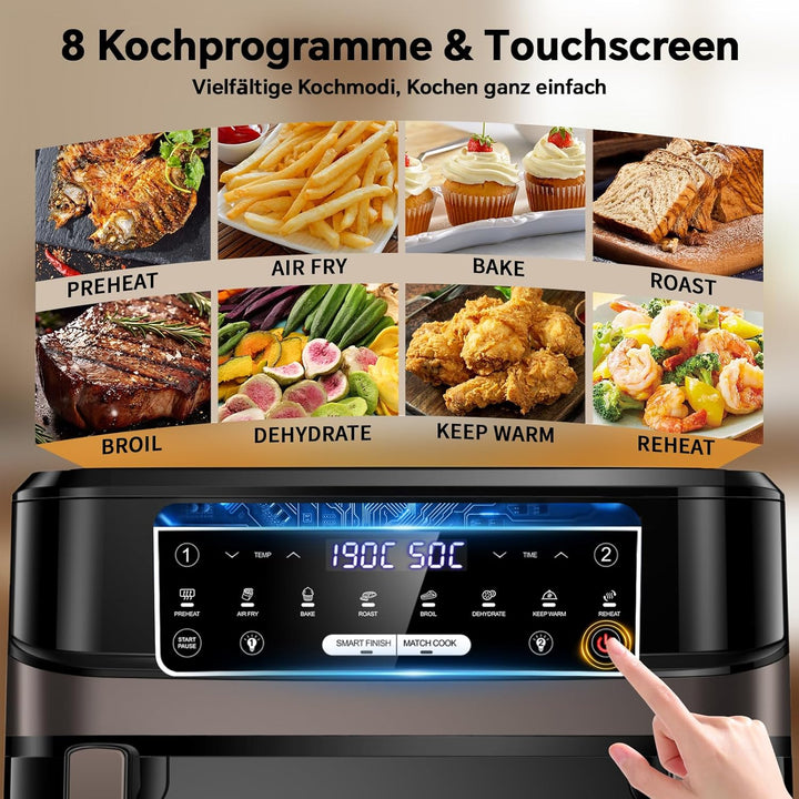 Emphsism Heissluftfritteuse 12L XXL - Airfryer 2 Kammern Variable Flex-Zone, Separate Temper 200 Gra