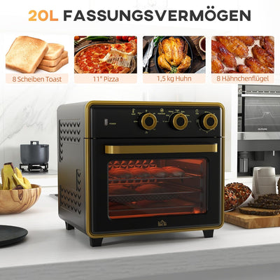 HOMCOM Minibackofen 20L, 5 in 1 Pizza-Ofen inkl. Backblech Set, Frittierkorb, Krümelblech, 1 Std. Ti