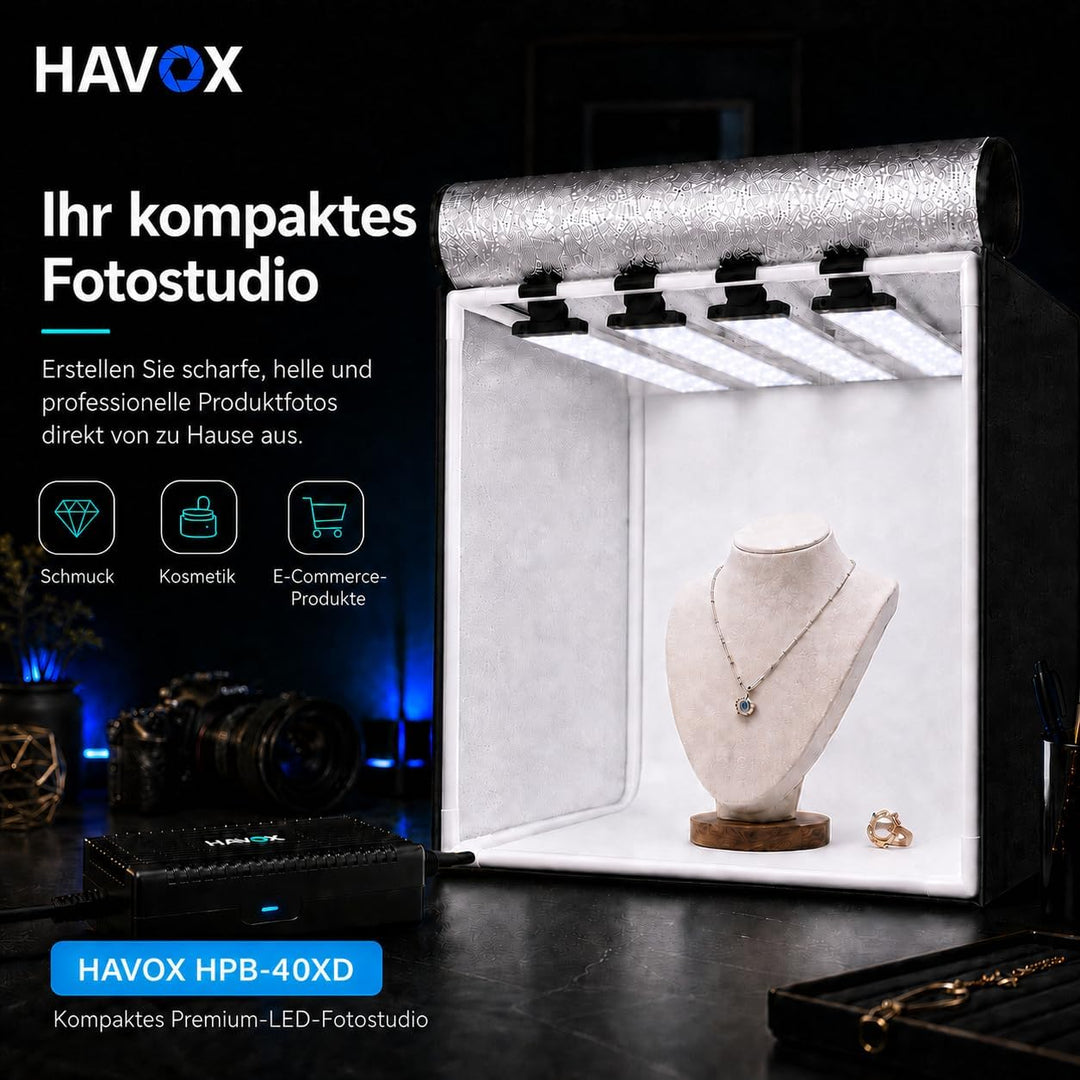 HAVOX - Fotostudio HPB-40XD - Masse 40x40x40cm - 4X Dimmbare LED-Beleuchtung Tageslicht 5500k - 26,0