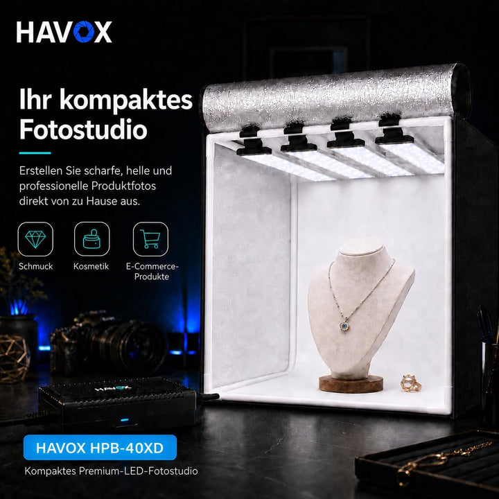HAVOX - Fotostudio HPB-40XD - Masse 40x40x40cm - 4X Dimmbare LED-Beleuchtung Tageslicht 5500k - 26,0