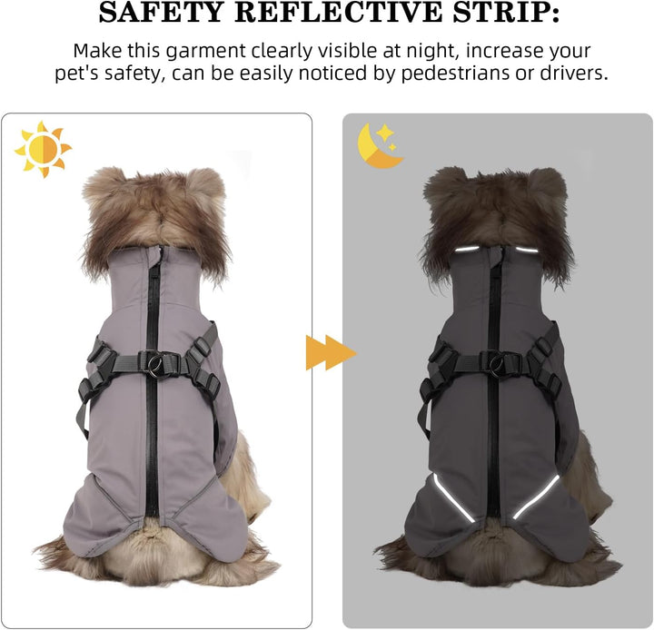Graue mittelgrosse Hunde-Regenjacke, wasserdicht mit Geschirr - leicht anzuziehen, reflektierender R