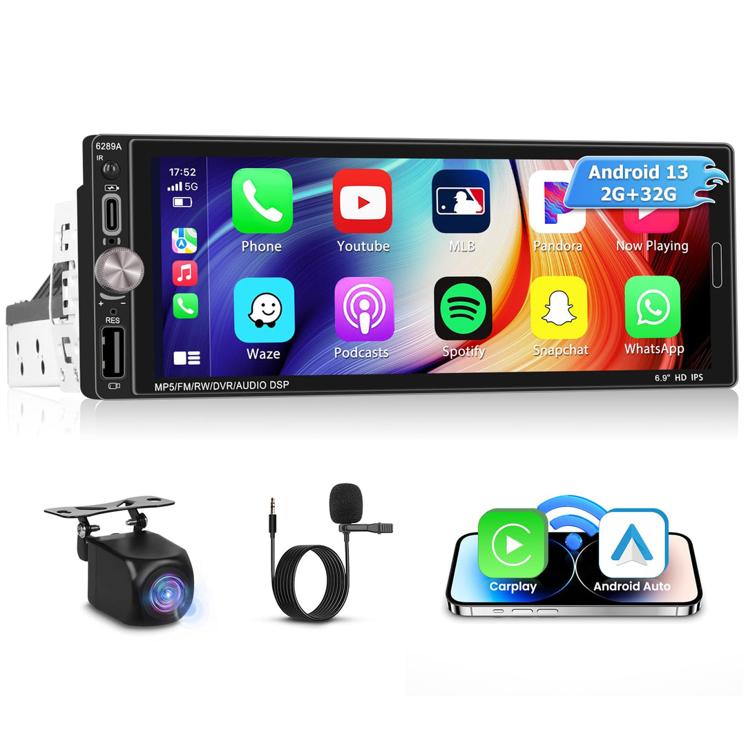 Inefala Android 15 Autoradio 1 Din mit drahtlosem CarPlay und Android Auto, 6,9 Zoll Auto Bildschirm