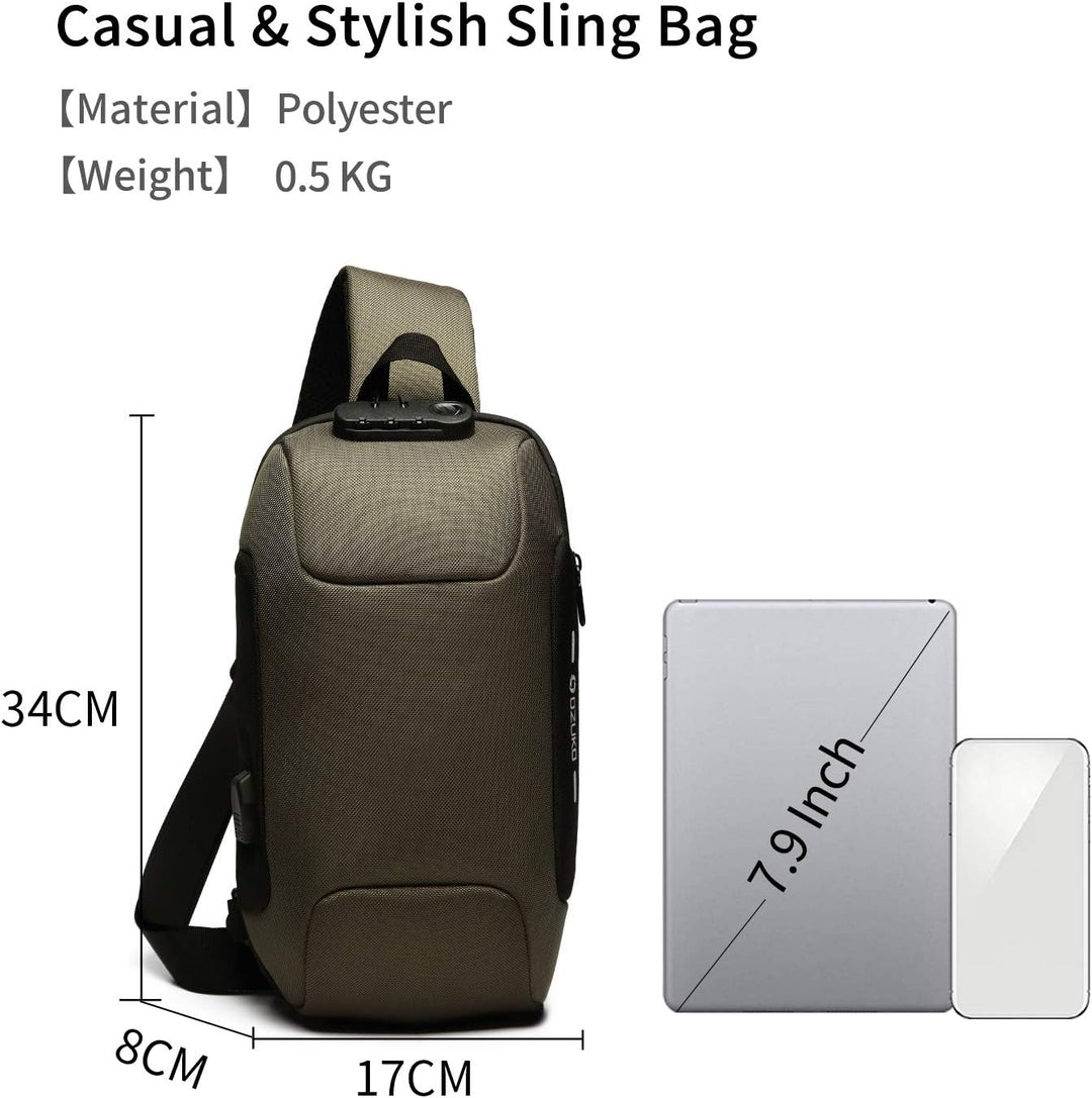 FANDARE Neu Herren Schultertasche Brusttasche mit Passwortschloss, USB, Reflektierende Streifen Umhä