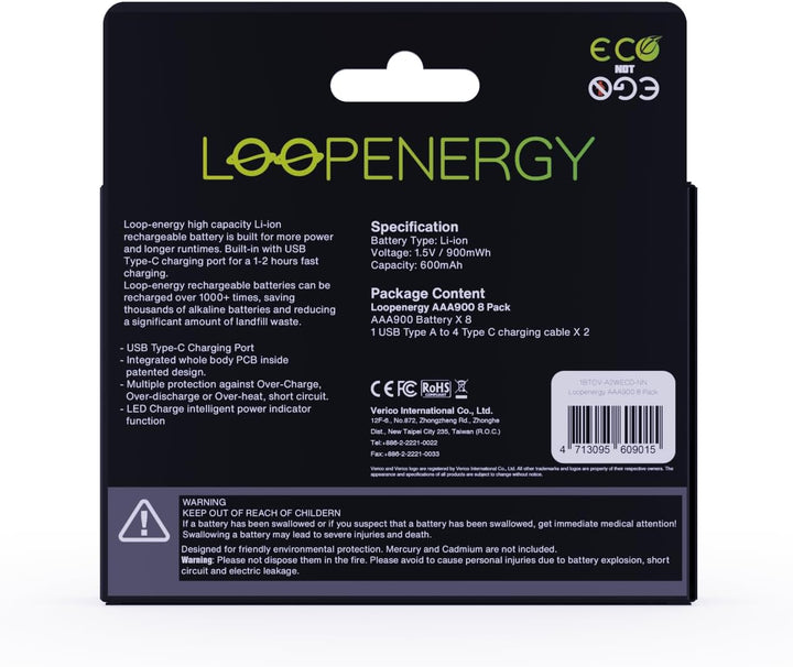 VERICO LoopEnergy AAA 900 Wiederaufladbare USB-C Batterie AAA 1,5V 900mWh (600mAh) Li-Ion, Schnellla
