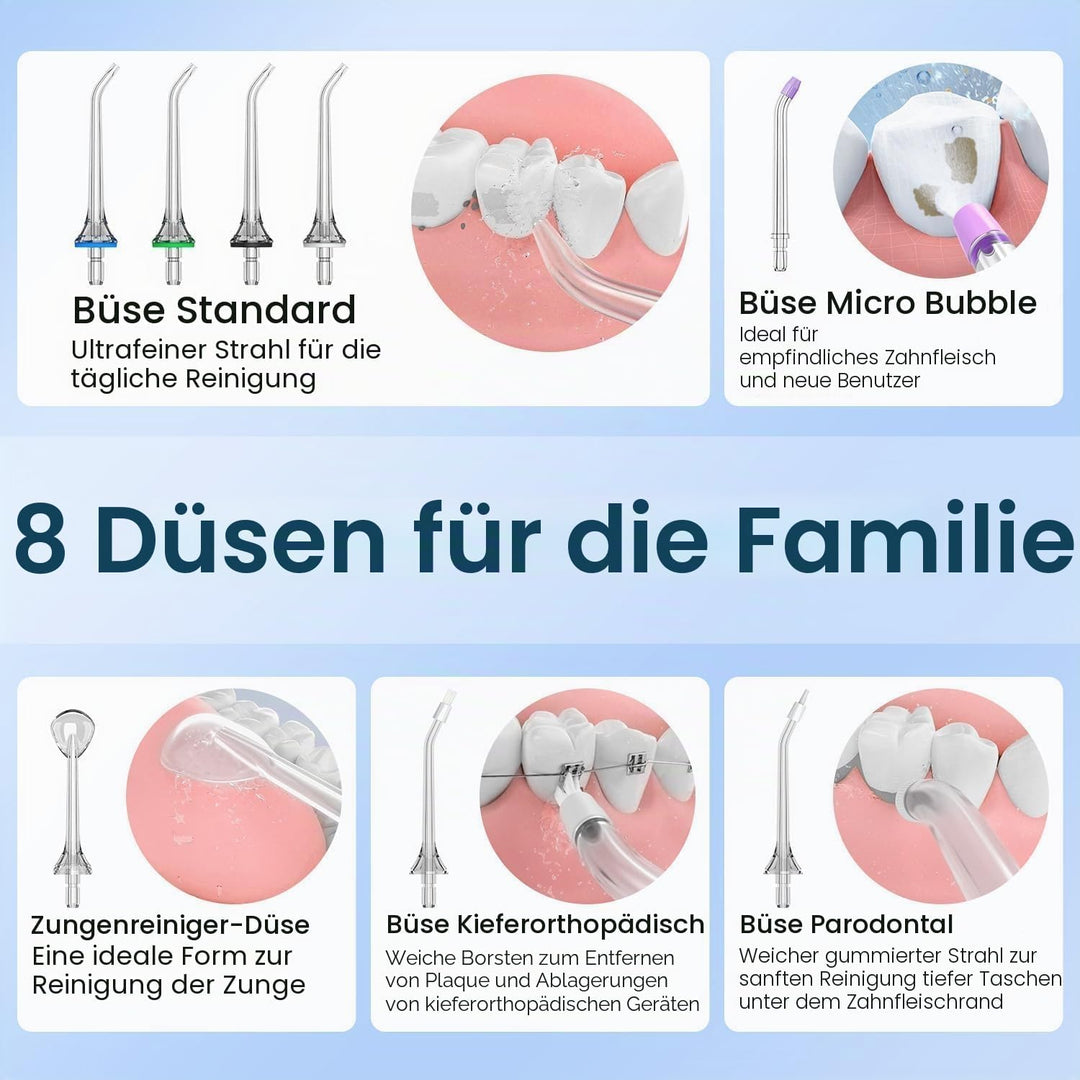 Munddusche, tragbar, Wasserfloss, Munddusche 5 Modi und 8 Düsen, Tank 300 ml, USB aufgeladen, wasser
