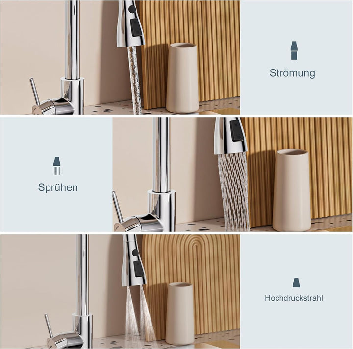 WLTEDRGO Wasserhahn Küche Ausziehbar, Hochdruck Küchenarmatur mit Brause, Armatur Küche mit 3 Strahl