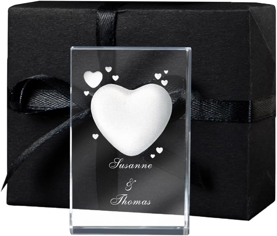 LOOXIS Personalisierte 3D Herz-Gravur im Glas – versch. Motive, Namen, Wunsch-Text – Geschenk-Idee z
