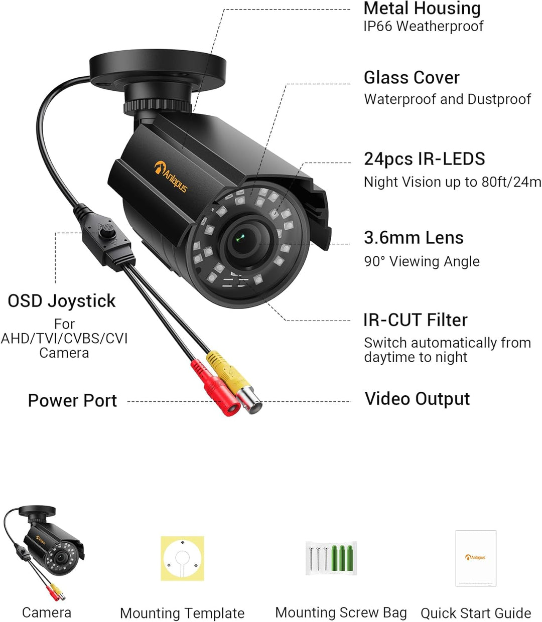 Anlapus 1080P Aussen Bullet Überwachungskamera IP66 Metallgehäuse 4in1 TVI/CVI/AHD/CVBS 24 IR LEDs 2