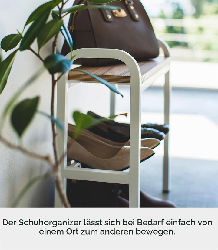 Yamazaki 4787 TOWER Schuhregal mit Holzablage, weiss, Stahl/Schichtholz, Minimalistisches Design, We