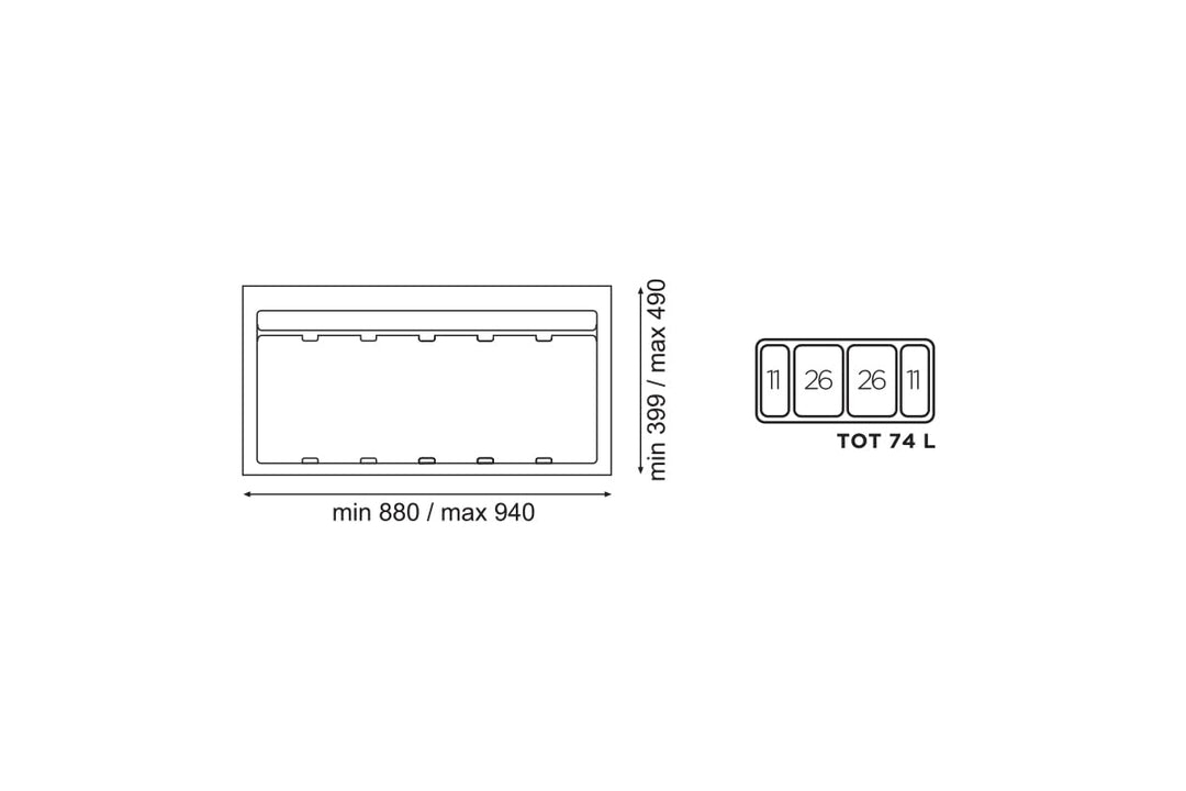 Mülltrennsystem 9 XL für 100 cm Schublade - Einbau-Mülleimer mit 4 Fächern (2x 11 L, 2x 26 L), Abfal