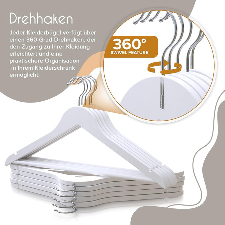 PORTENTUM Kleiderbügel aus Holz, 20 Stück, Weiss. Für alle Kleidung, 360º Drehbarer Haken, Hosenbüge