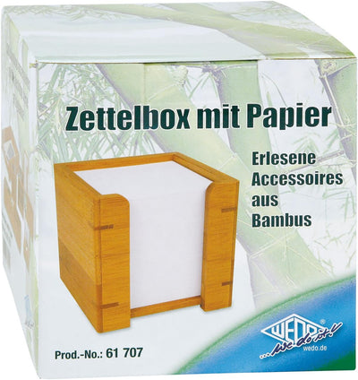 Wedo 61707 Zettelbox Bambus, inkl. 900 Blatt Papier 9 x 9 cm, im Geschenkkarton, braun, Zettelbox