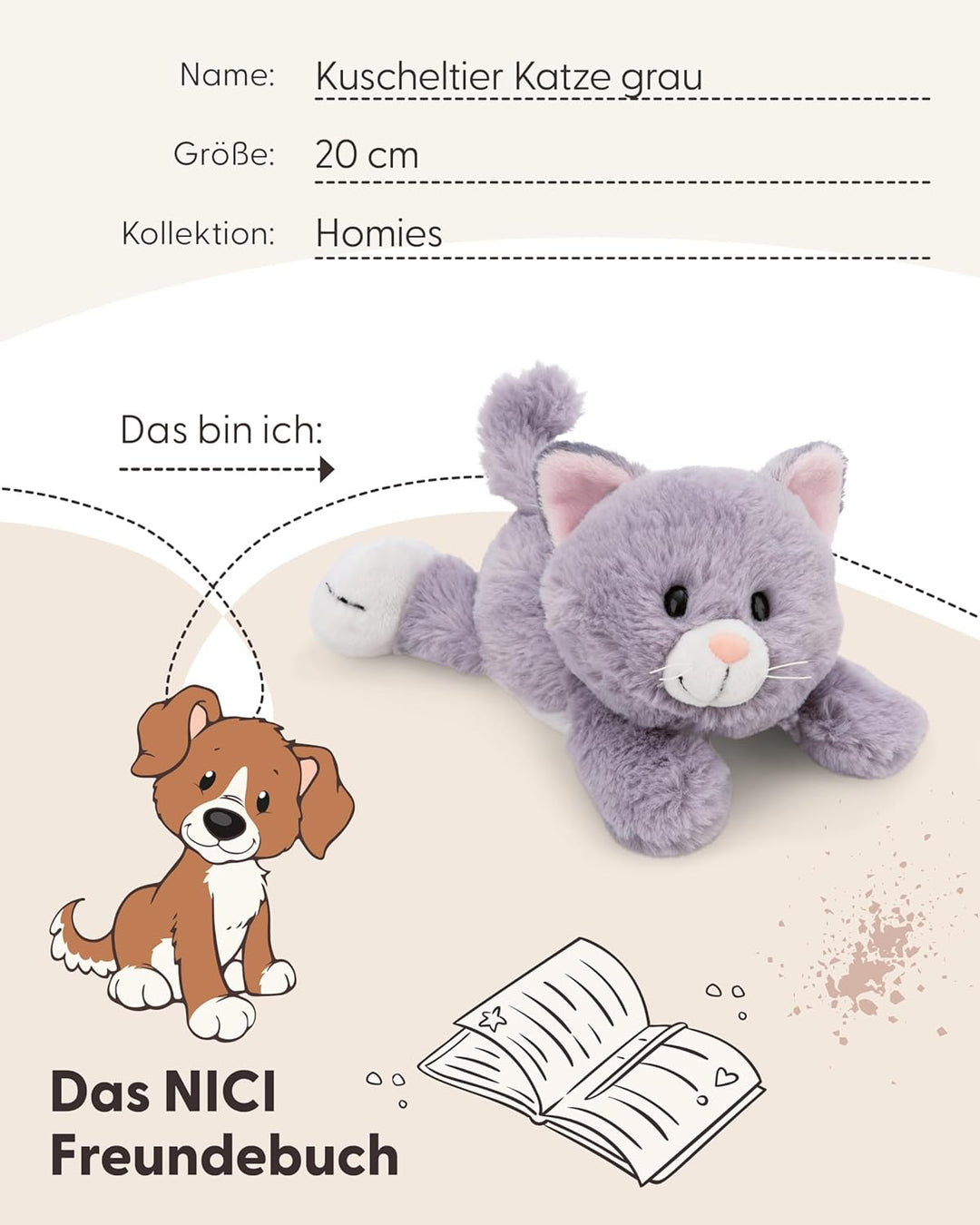 NICI Kuscheltier Katze 20cm - grau - Weiches Plüschtier – niedliches Stofftier zum Kuscheln & Spiele