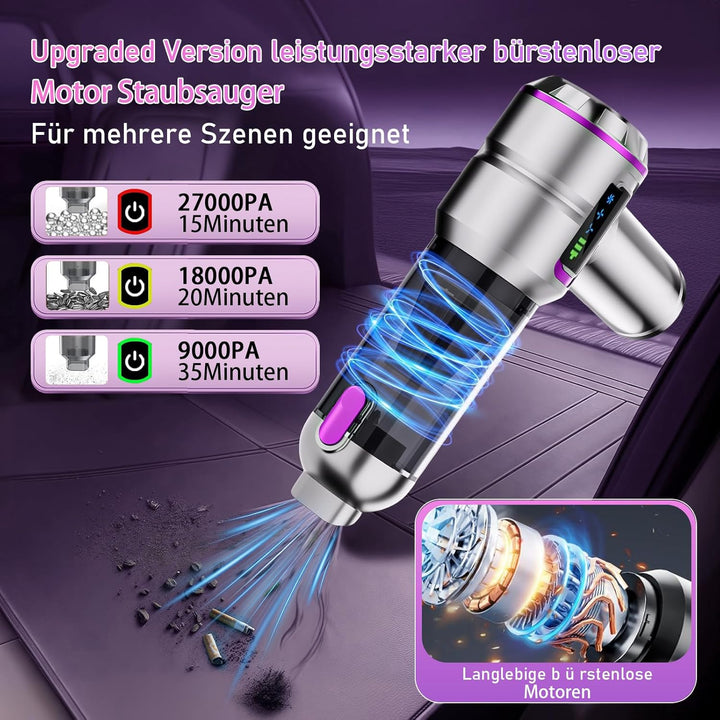 Handstaubsauger Akku, Autostaubsauger Kabellos 27000Pa Mini Staubsauger, Aufladbar Tragbar Leicht Au