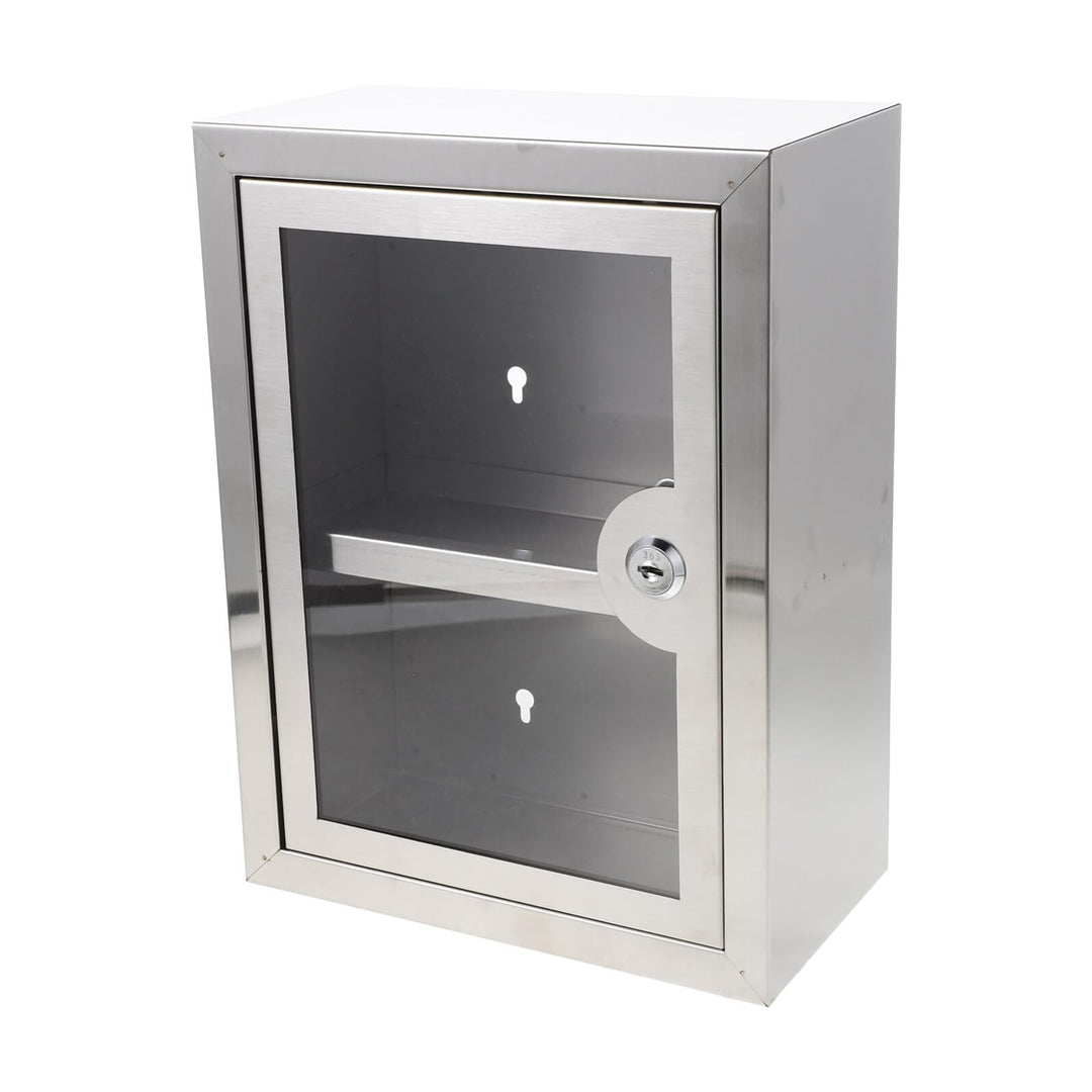 Abschliessbare Medikamentenbox aus Metall mit 2 Ablagen Transparente Tür Wandmontage Edelstahl für K