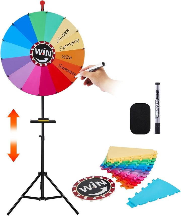 Glücksrad zum Drehen gross 24", Glücksrad mit 14 Steckplätze, Tablett, Radiergummi, Marker, Höhenver