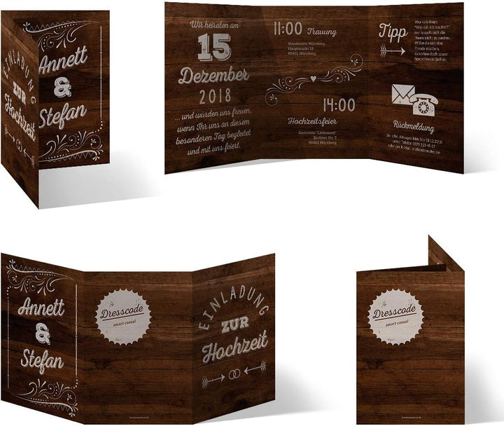 10 x Hochzeitseinladungen individuell mit Ihrem Inhalt als Klappkarte im Wickelfalz - Holz Lettering