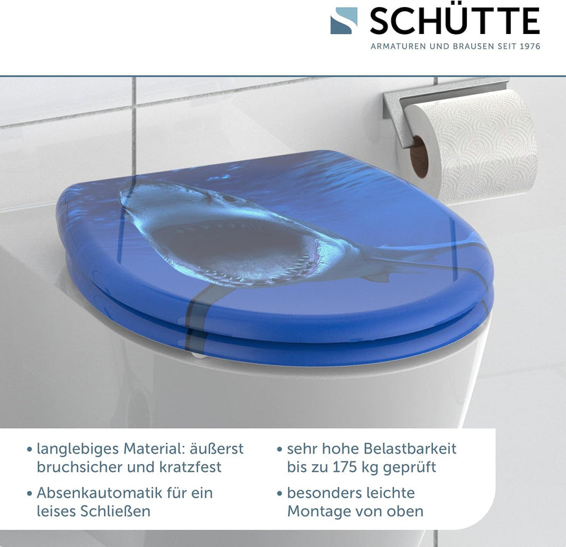 SCHÜTTE WC-Sitz Duroplast SHARK, Toilettensitz mit Absenkautomatik und Schnellverschluss für die ein