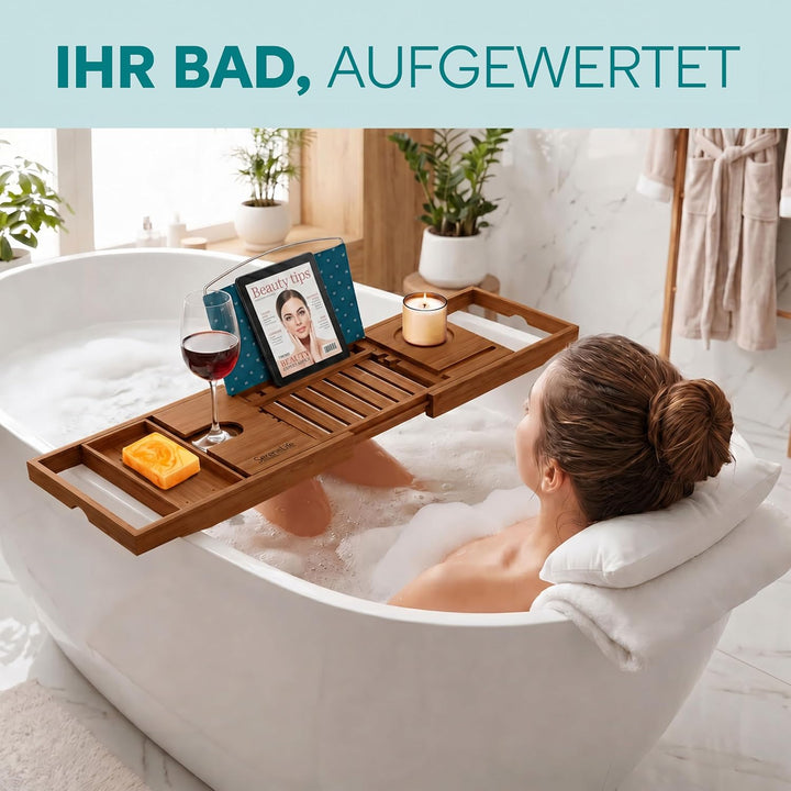 SereneLife Badewannenablage aus natürlichem Bambus, ausziehbares Badewannenbrett, Ablage Badewanne E