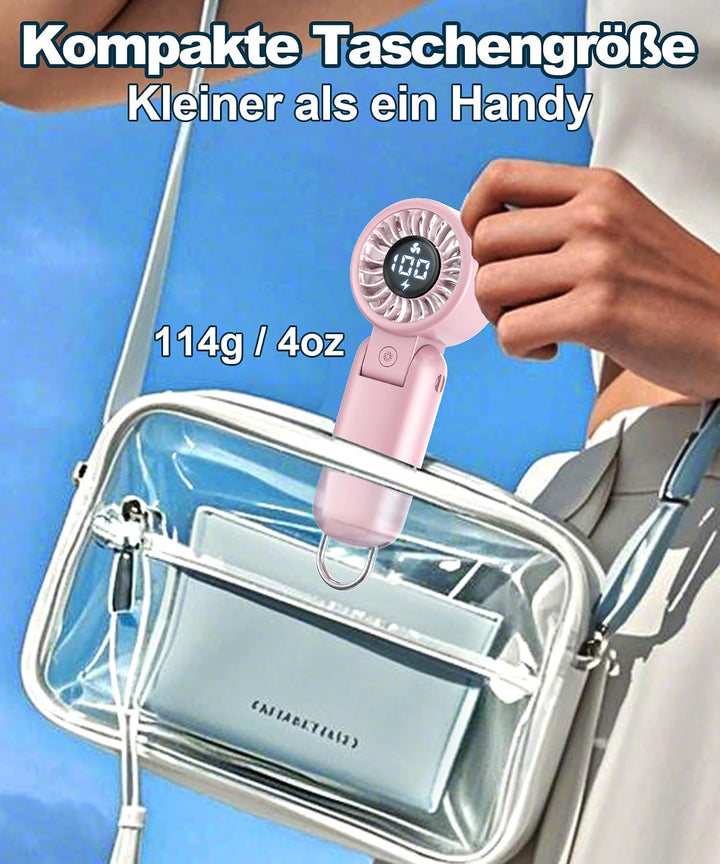 Handventilator mit LED-Anzeige, Mini Ventilator Tragbar Akku Wiederaufladbar, Faltbar USB Tischventi