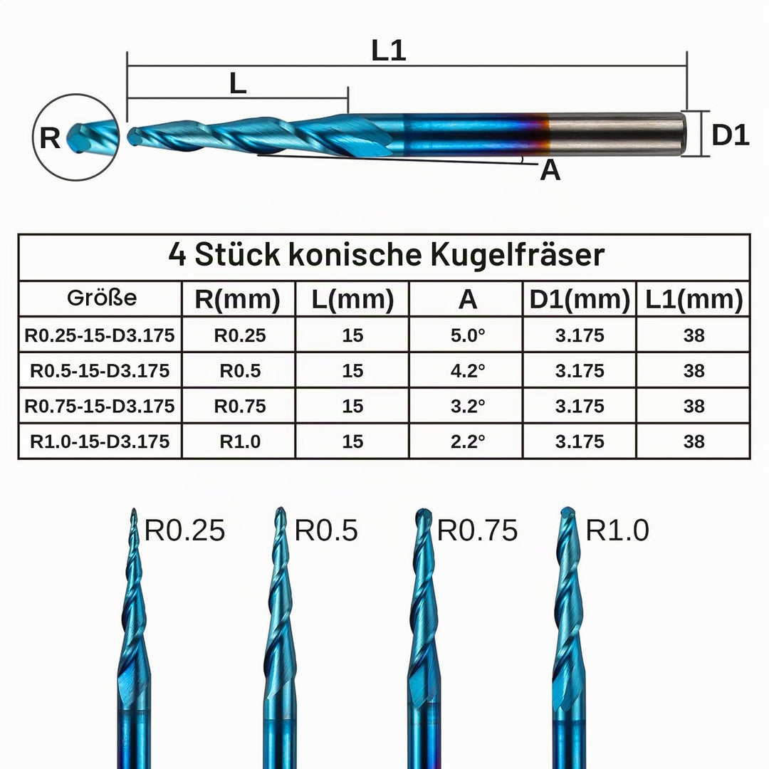 Genmitsu 4 Stück 2-Nuten- Kugelkopffräser mit konischer Spitze, Vollhartmetallfräser mit Nano Blue-B