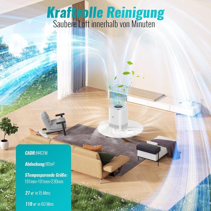 Luftreiniger mit H13 HEPA Filter, Filtert 99,97% des Staubs und Partikel bis zu Einer Grösse von 0,3