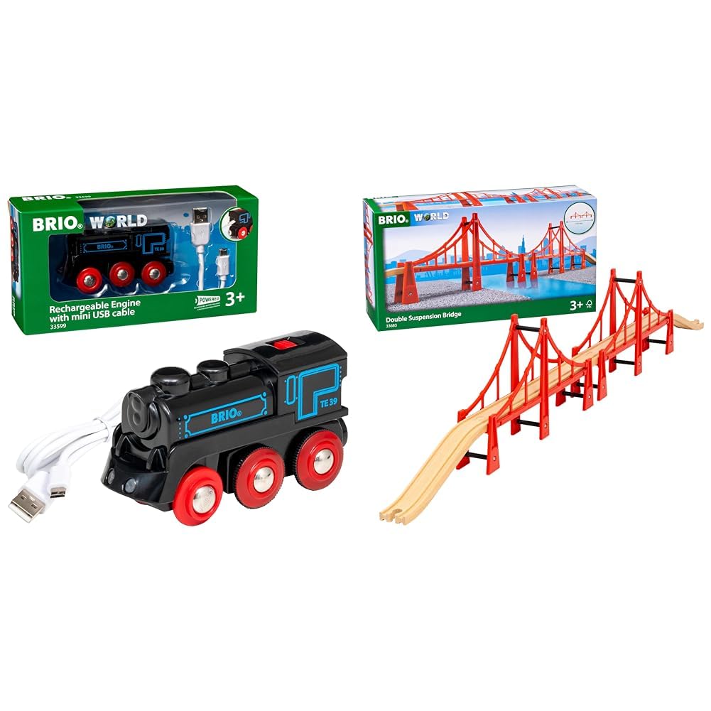 BRIO 33599 - Akku Lok mit Mini USB, bunt & 33683000 - Hängebrücke Bundle mit Hängebrücke, Bundle mit