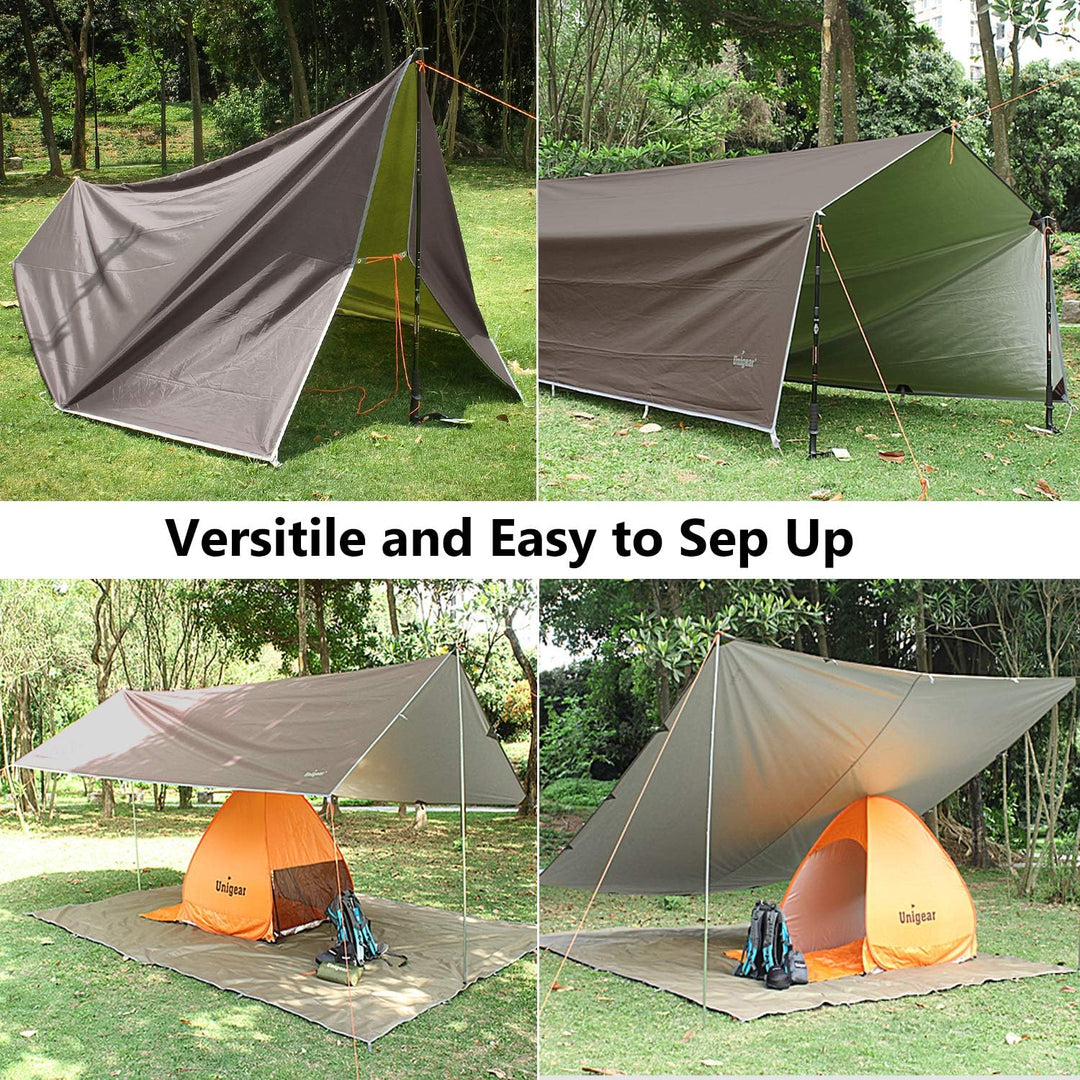Unigear Tarp 3x3 3x4 3x5 4x4 wasserdicht, Zeltplane für Hängematte mit Ösen + 6/8 Erdnägel + 6/8 Sei