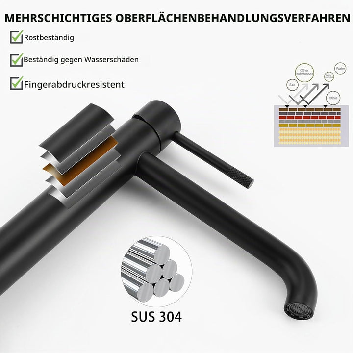 PHASAT Wasserhahn Bad Hoch, Einhebelmischer Mischbatterie für Bad Schwarz, Mischbatterie Badarmatur