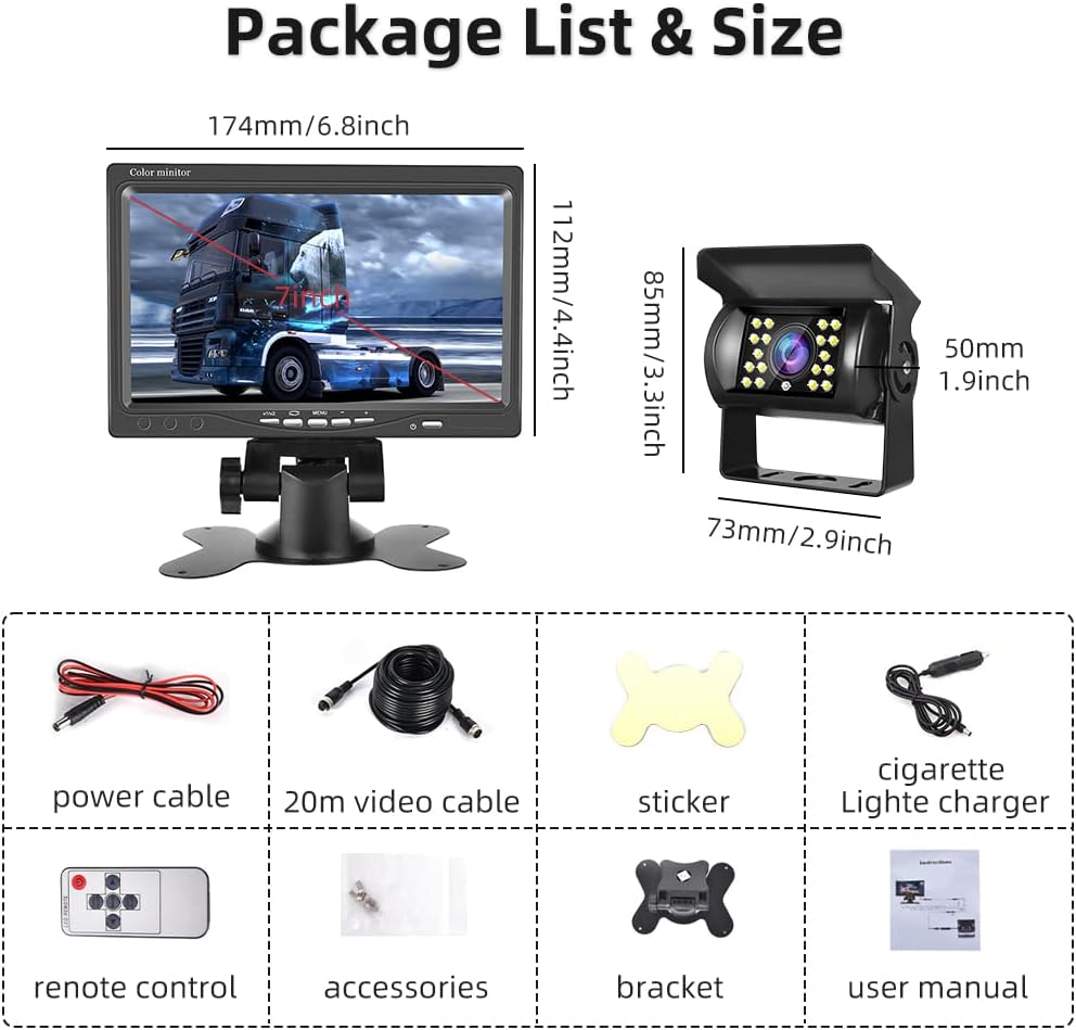 Hodozzy Rückfahrkamera-Set mit 7-Zoll-HD-Monitor, IP68 wasserdichte 18 IR Nachtsicht-Auto-Backup-Kam