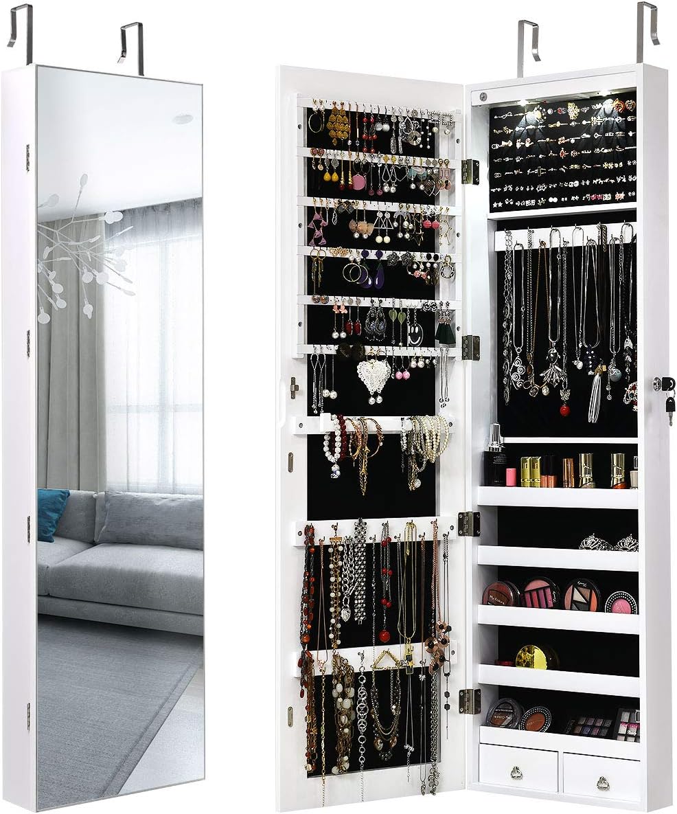 GIANTEX Schmuckschrank hängend mit LED, Spiegelschrank Ganzkörperspiegel, Schmuckregal Schmuckkommod
