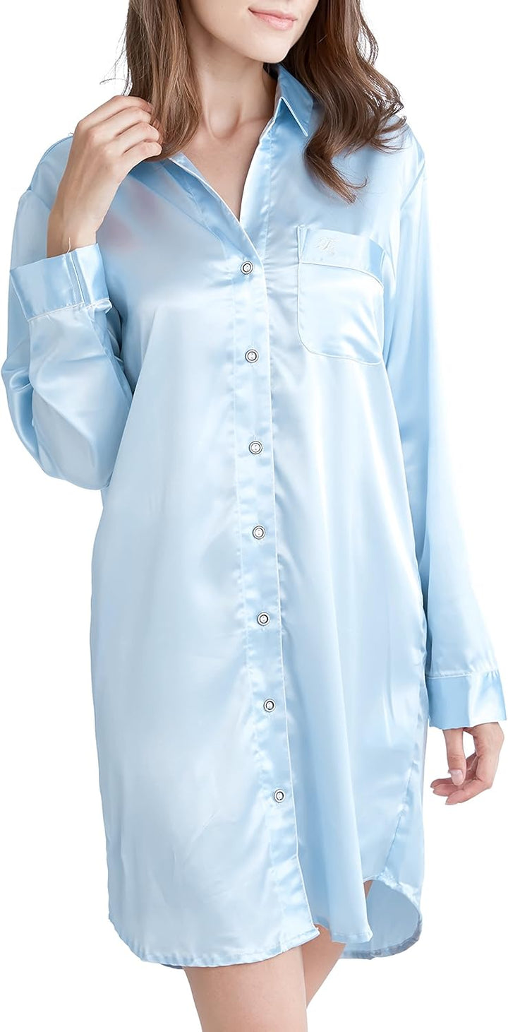 Nachthemd Damen, Satin Nachtkleid Langarm Nachtwäsche mit Knopfleiste Schlafhemd Freizeitkleidung, S