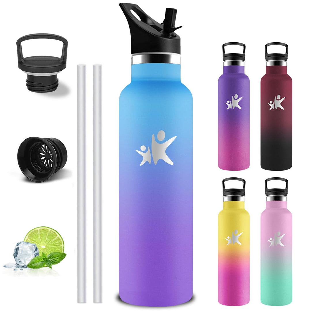 Trinkflasche Edelstahl, Sport Trinkflasche 1 liter, Thermosflasche Mit 2 Deckeln, Doppelwandige Vaku