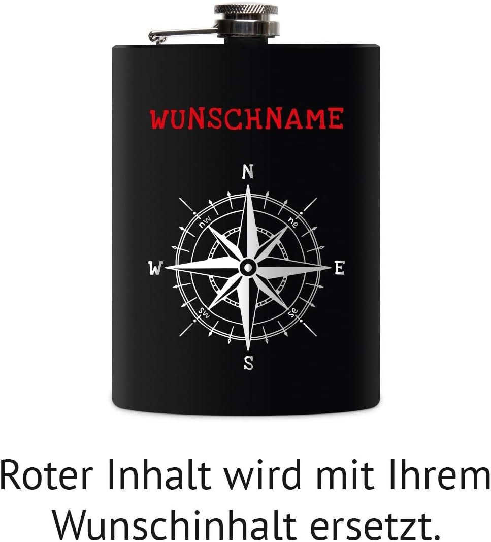 Flachmann Edelstahl Schwarz Matt 237 ml 8 oz individuelle Gravur in Silber - Kompass, Kompass