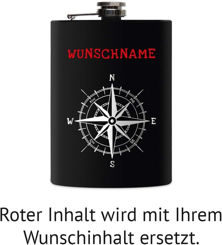 Flachmann Edelstahl Schwarz Matt 237 ml 8 oz individuelle Gravur in Silber - Kompass, Kompass