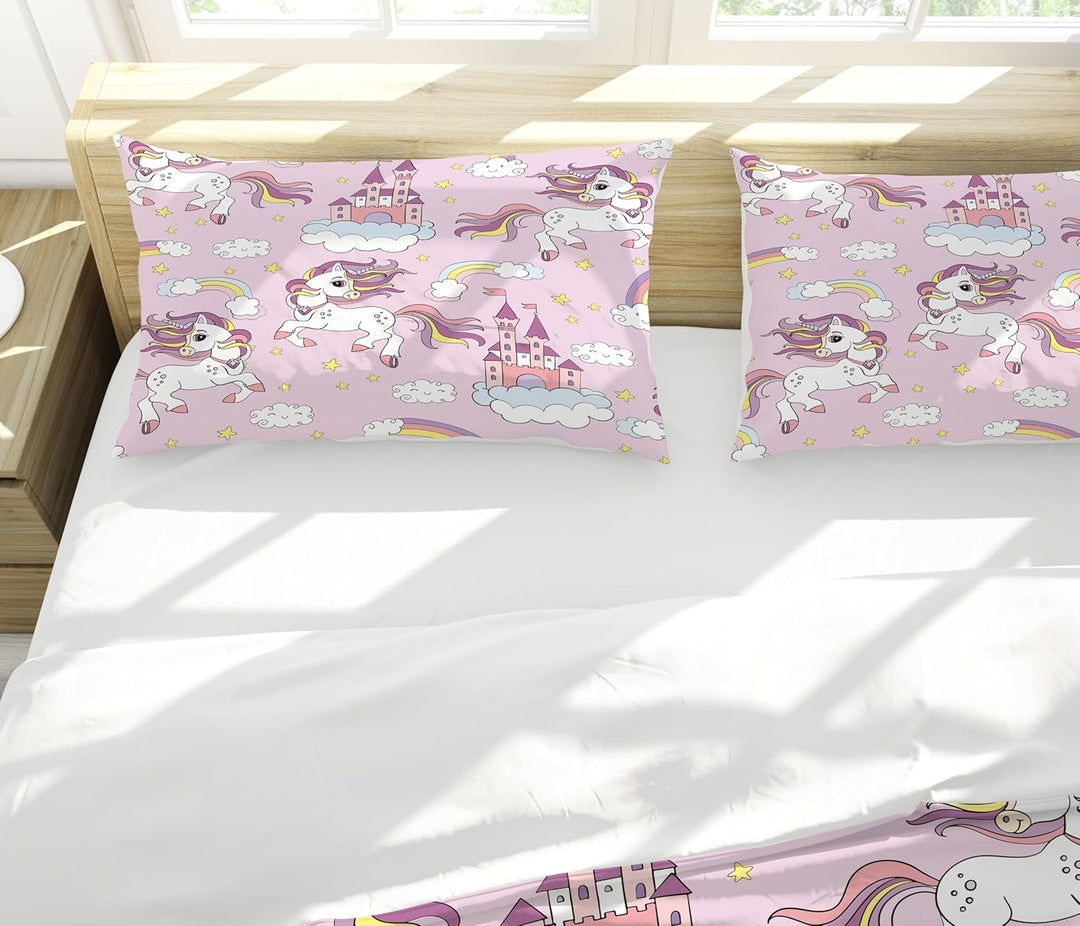 Hoimlm Einhorn Bettwäsche,Kinder Bettwäsche Set mit Bettbezug and 2 Kissenbezug,Cartoon Einhorn mikr