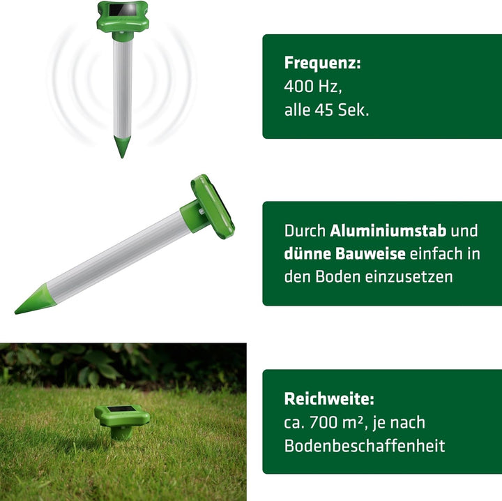 GARDIGO® Maulwurfvertreiber mit Solar und integriertem Akku 4er Set I Maulwurfschreck I Wühlmausvert