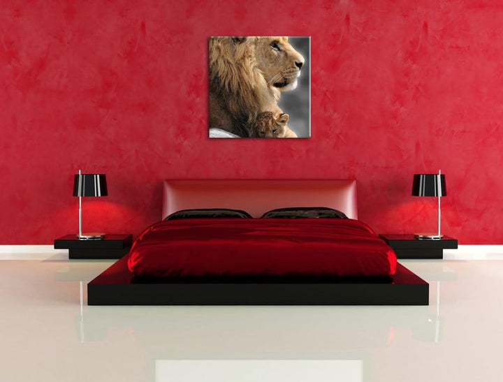 Pixxprint Löwe mit Löwenbaby / 70x70cm Leinwandbild bespannt auf Holzrahmen/Wandbild Kunstdruck Deko