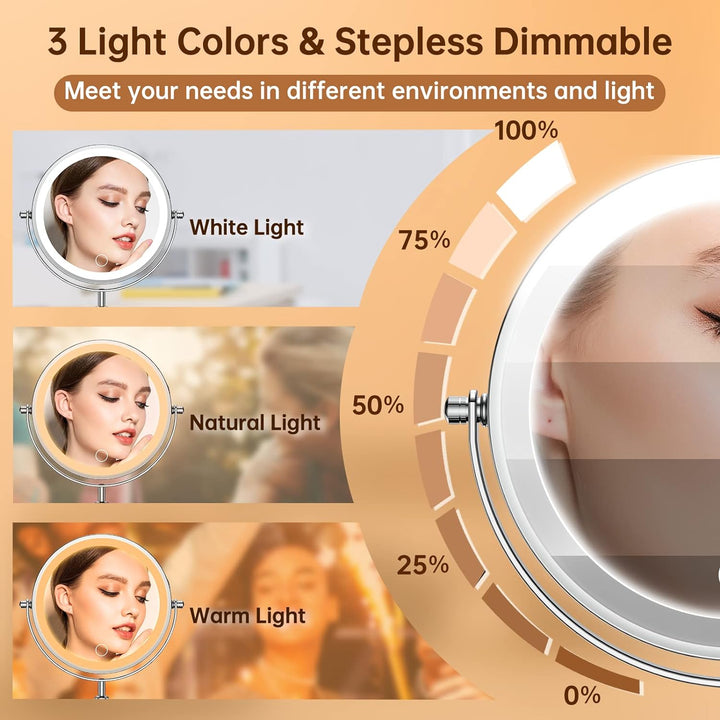 Gospire Wiederaufladbar Kosmetikspiegel mit Licht, 1X/10X Vergrösserung, 3 Farben Dimmable & Höhenve