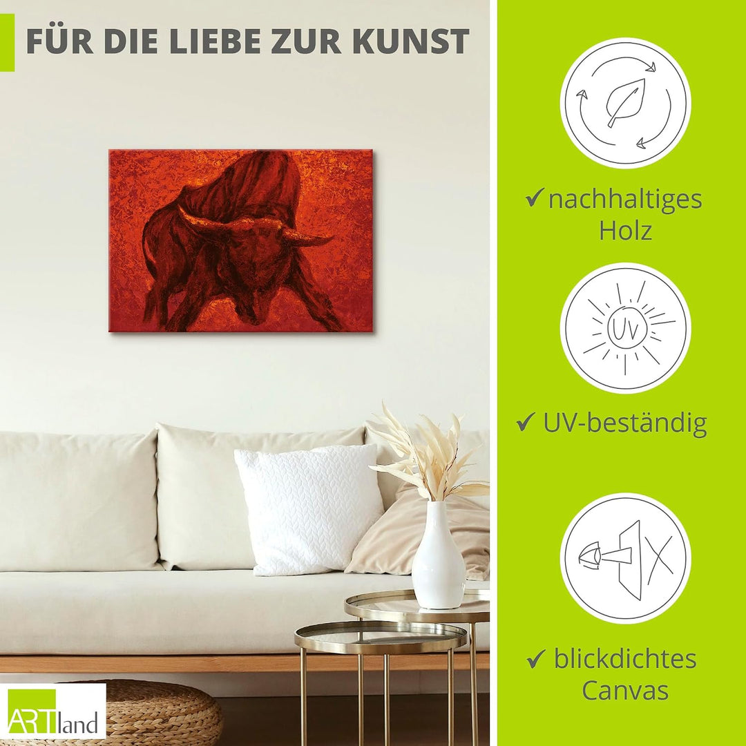 Artland Leinwandbild Wandbild Bild auf Leinwand 70x50 cm Wanddeko Stier Tiere Spanien Stierkampf Kat