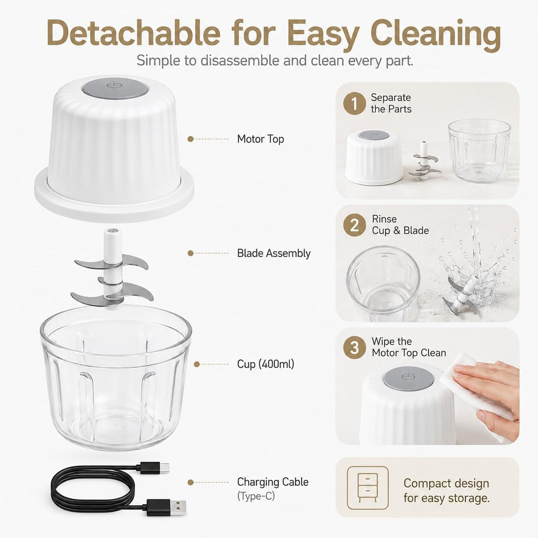 Carehabi Zerkleinerer Elektrisch Mini, 400ml, Gemüsezerkleinerer, USB-Aufladung, Tragbar Zerkleinere