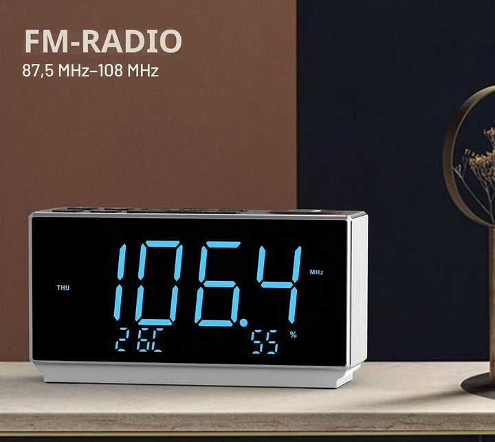 iTOMA Wecker mit FM-Radio, USB-Aufladung, 1.8'' Ice Blue LED-Anzeige, Nachtlicht, Dual Alarm, Snooze