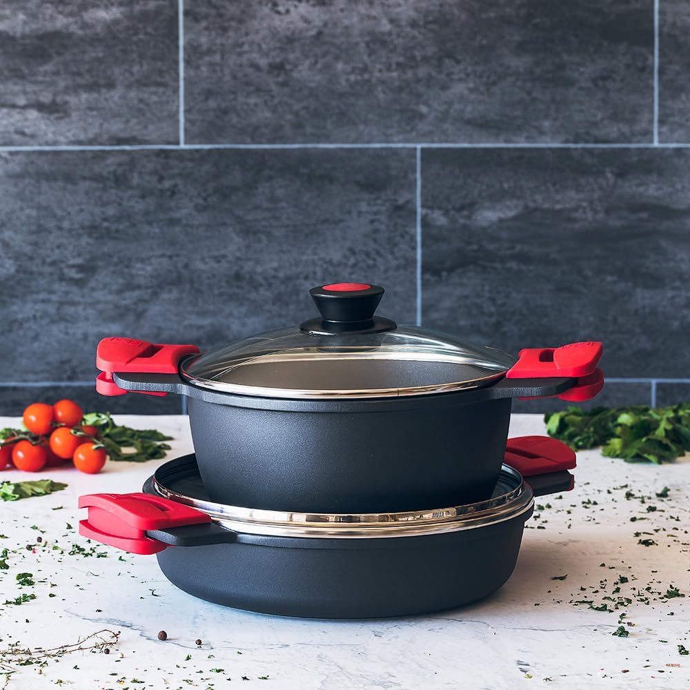 BRA Premiere | Niedriger Schmortopf 28 cm, Aluminiumguss, dreischichtig, verstärkte Antihaftbeschich