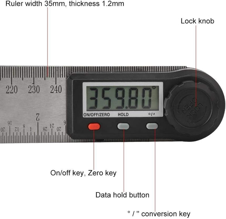 Digitalanzeige Winkellineal, 2-in-1 Elektronisches Winkelmessgerät mit Verriegelungsknopf 0-360 ° Ho